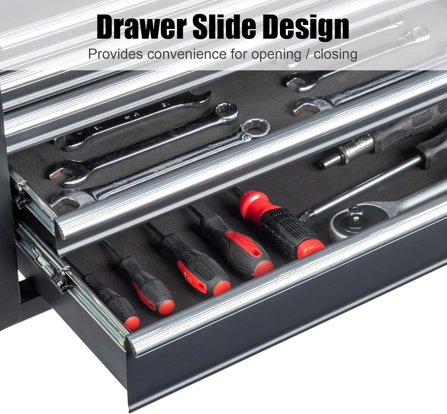Metal Tool Box, 5-Layer Drawers & Top Storage Tray Tool Box with Lock Safety and Handle, 24" Portable Tool Chest Cabinet for Garage, Warehouse, Home, Black