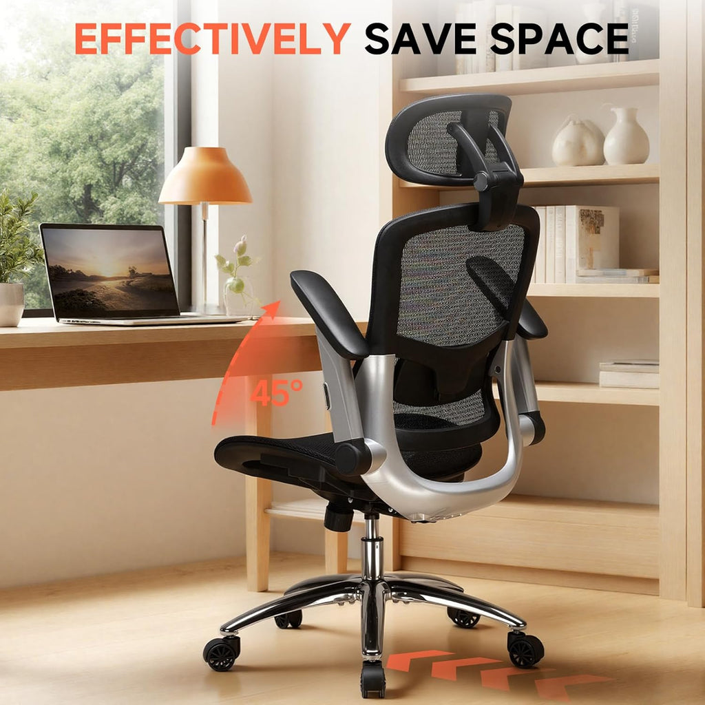 GTPLAYER Big and Tall Ergonomic Mesh Office Chair, High Back Home Desk Chair Computer Gaming Chair with Headrest, Flip-Up Arms, 90-125° Tilt Lock and Wide Cushion, Task Chair for Man Woman-Deep Black