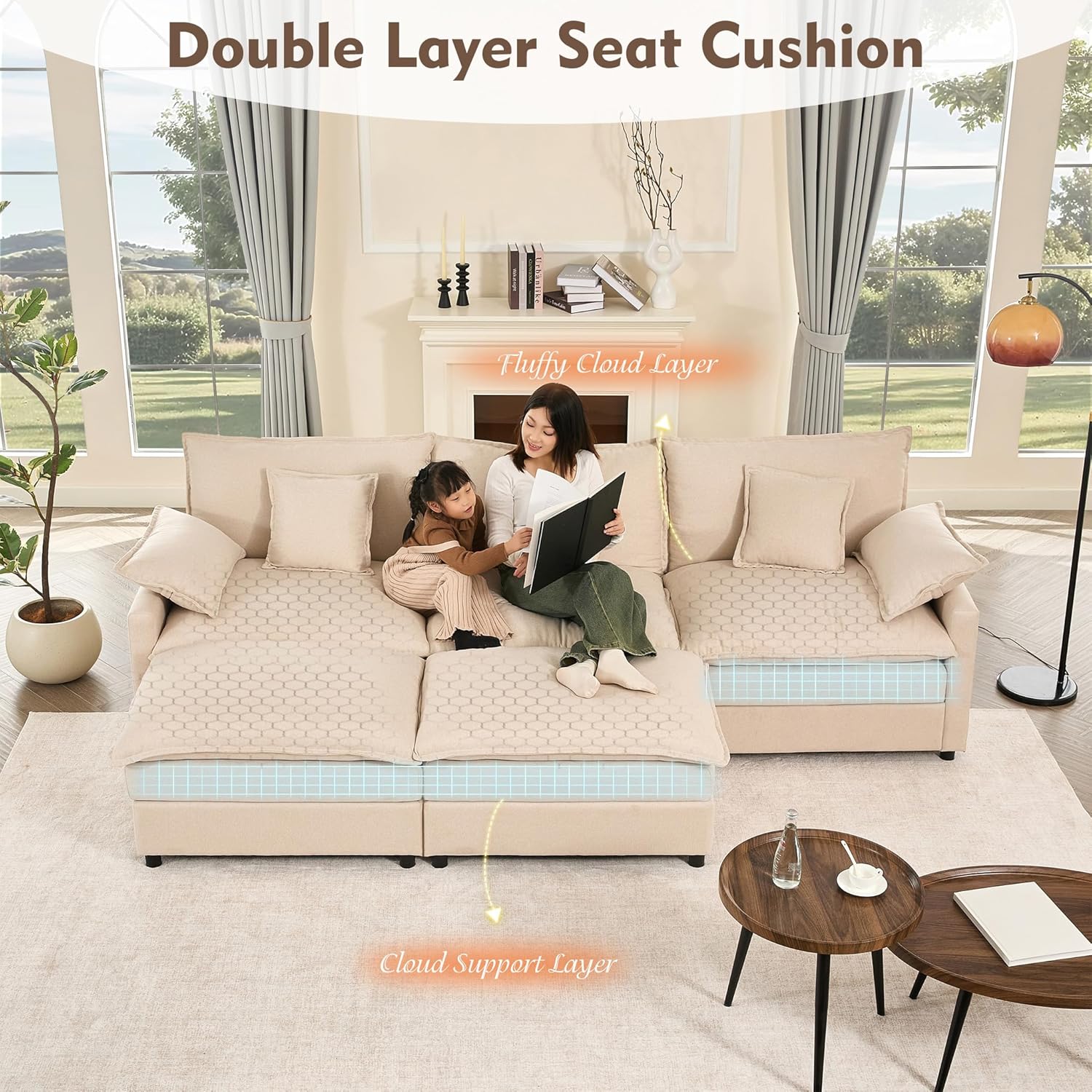 108" U Shaped Couch, Modular Sectional Sofa, 3-Seater Comfy Cloud Couch, Set of Modular Pieces with Movable Ottoman, Deep Seat Couches for Living Room, Linen, Beige