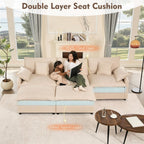 108" U Shaped Couch, Modular Sectional Sofa, 3-Seater Comfy Cloud Couch, Set of Modular Pieces with Movable Ottoman, Deep Seat Couches for Living Room, Linen, Beige
