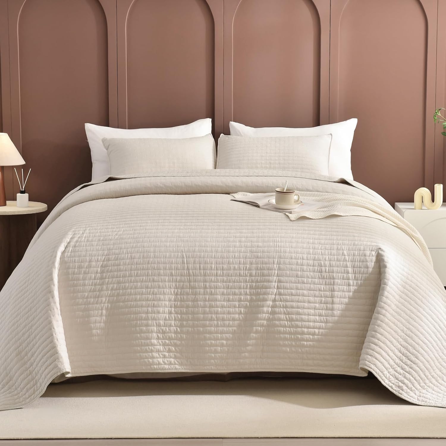 Sanracie Oversized Cal King Bedspread 128"*120" for Extra Bed, 3pcs 100% Cotton Quilt Wheat Colored Ultra Large Wide Oversized King Plus Coverlet Thin Comforter Ultra Soft and Cozy