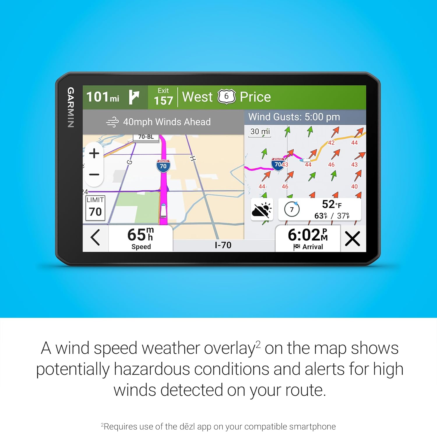 Garmin dezl OTR720  Large 7' GPS Navigator  Custom Truck Routing  Satellite Imagery  Wind Speed  Community-Shared Loading Docks & Parking Availability