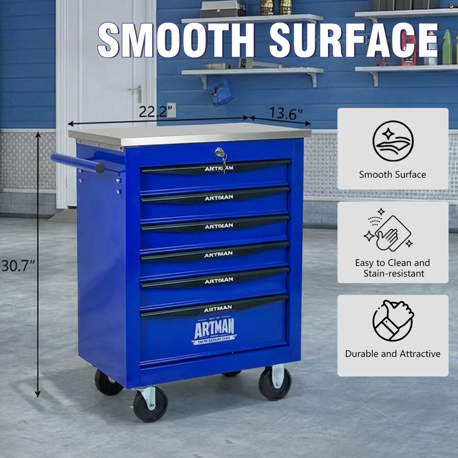 6-Drawer Rolling Tool Chest with Stainless Steel Countertop,Tool Chest with Secure Locking System,Mobile Storage Tool Cabinet with 360°Wheels and Padded Feet,for Home,Garage (Blue)