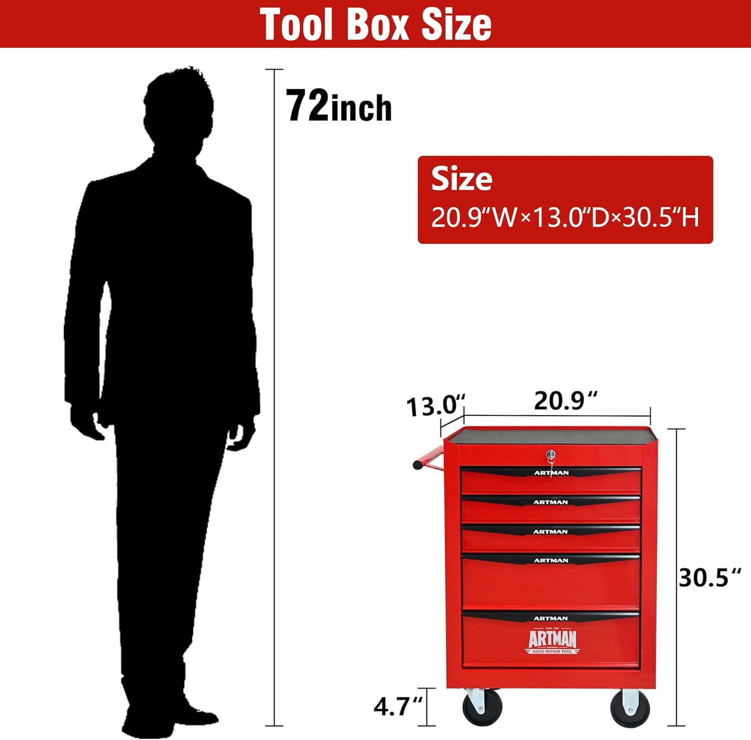 5 Drawers Tool Cart on Wheels, Multifunctional Rolling Tool Chest, Drawers Mobile Trolley Organizer Heavy Duty Tools Box with Locking Wheels & Ball Bearing Drawers (Red, 5 Drawers)