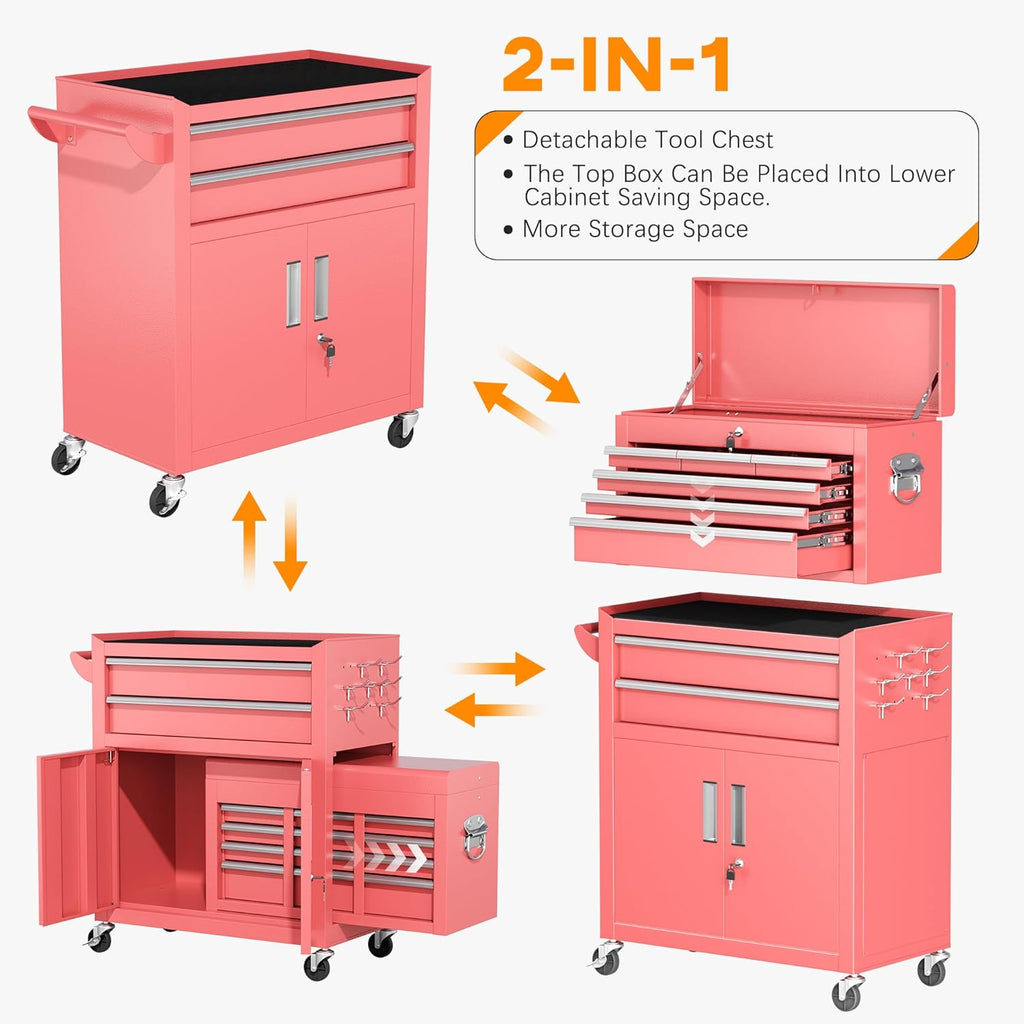 INTERGREAT Tool Chest, Assembled Tool Cabinet with 8 Drawers, Detachable Organized Tool Chests, Lockable Tool Cabinet for Workshop, Warehouse, Mechanics Garage (Pink)