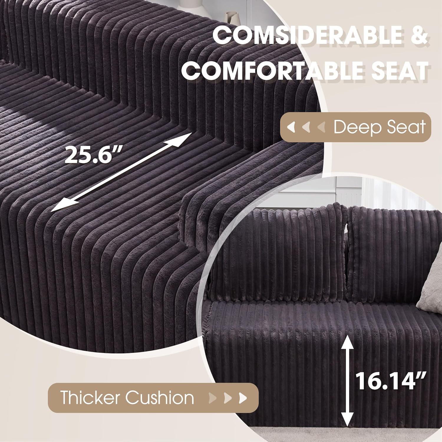 Modular Sectional Sofa Couches L-Shape Couch 3 Seat Modular Sofa Memory Foam Sectional Couches for Living Room, Cloud Couch with Oversized Chaise (Grey Stripe, 96" Left Facing Chaise)