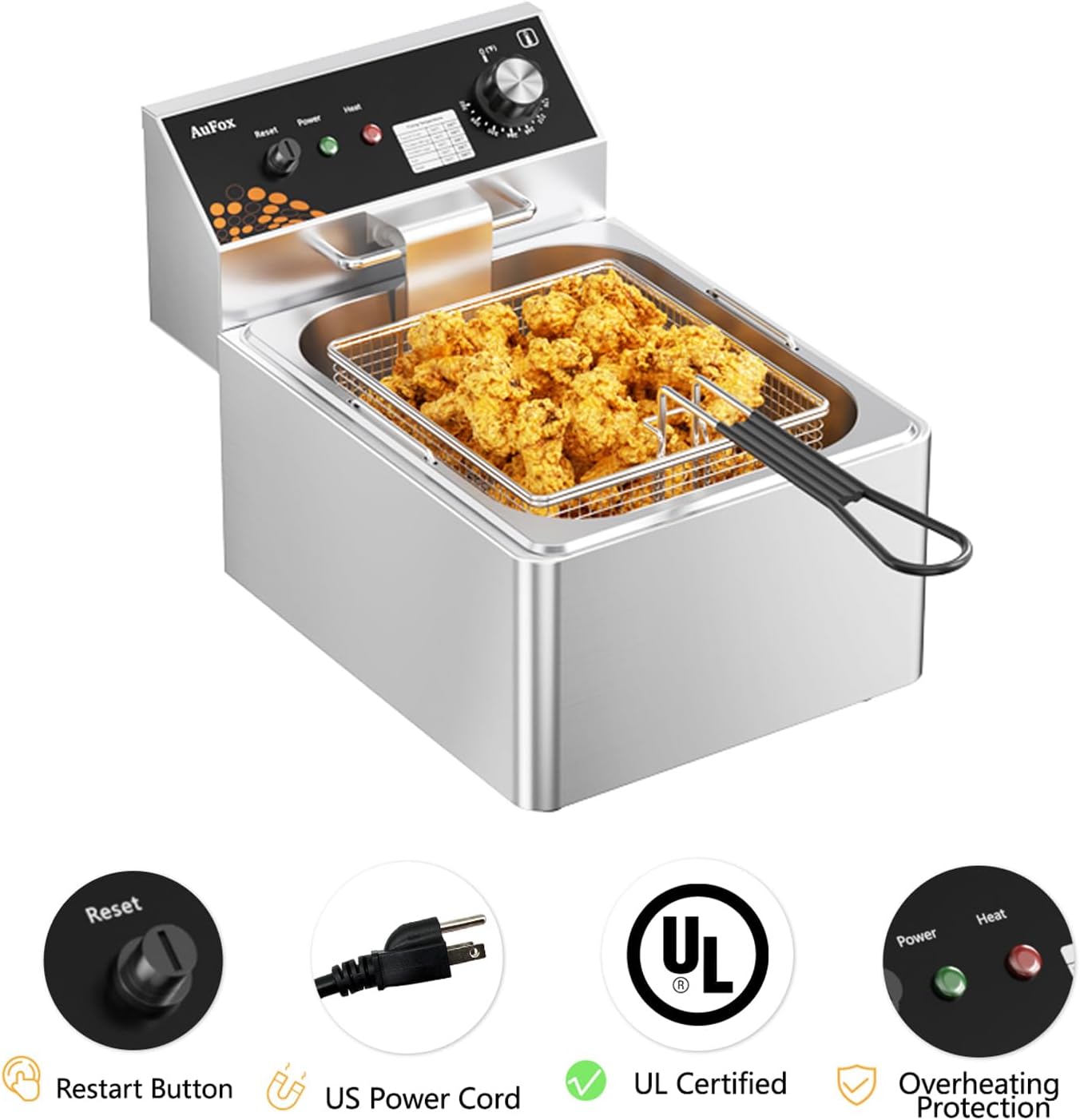 Commercial Deep Fryer 10.56Qt Countertop Fryers 1.0mm Thickened Stainless Steel 1700W Electric Immersion Deep Fryer with Basket Adjustable Temperature for Home Kitchen Restaurant