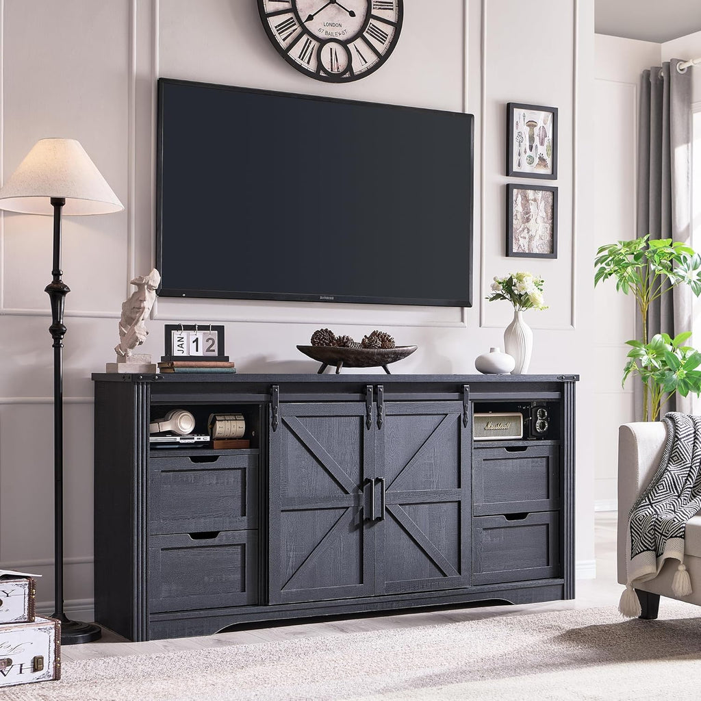 JXQTLINGMU Farmhouse TV Stand for 75+ Inch TV, 32" Tall Entertainment Center w/4 Drawers & Sliding Barn Door, Rustic Media Console w/Storage Shelves, 66" Wood Television Stand for Living Room, Black