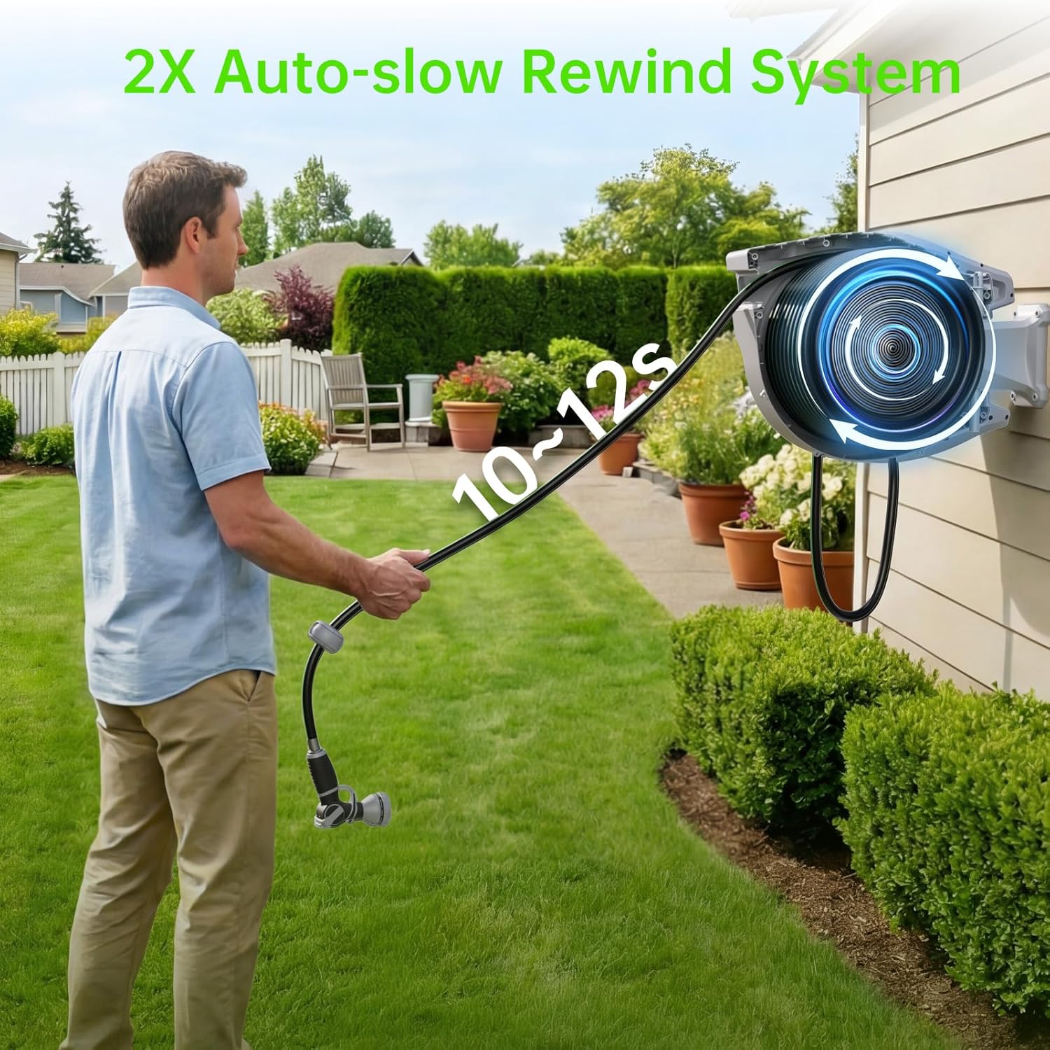 Retractable Garden Hose Reel 5/8 in x 100 ft  Heavy Duty Wall Mounted Water Hose Reel with 9-Pattern Nozzle  Any Length Lock  Automatic Slow Return System  180° Swivel Bracket  UV Resistant