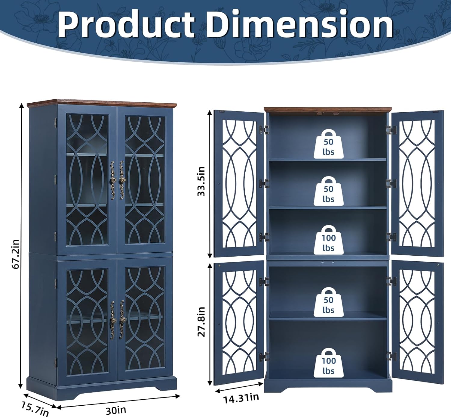 67" Tall Bookshelf, Rustic Book Shelf w/Vintage Pattern Tempered Glass Doors, 5-Tier Wood Bookcase with Adjustable Storage Shelves, Retro Curio Display Cabinet for Living Room, Navy Blue