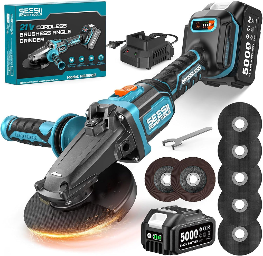 SEESII Flathead Brushless Angle Grinder, 21V Cordless Variable Speed Grinder Kit 5.0Ah Battery+Charger, 4-1/2 to 5" Cut Off Tool, 6-Speed, 20ms Brake+Drop Protection for Metal Cutting, Auto Body, DIY