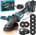 SEESII Flathead Brushless Angle Grinder, 21V Cordless Variable Speed Grinder Kit 5.0Ah Battery+Charger, 4-1/2 to 5" Cut Off Tool, 6-Speed, 20ms Brake+Drop Protection for Metal Cutting, Auto Body, DIY