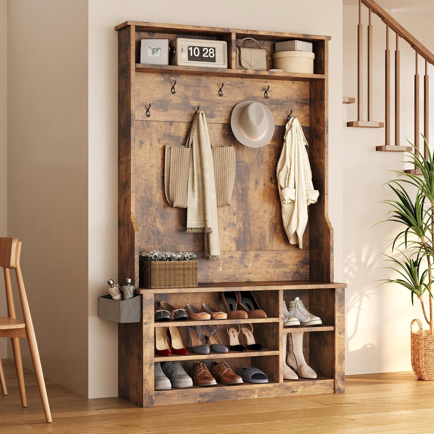 Aiho Entryway Hall Tree with Bench and Storage, 3-in-1 Hall Tree with Coat Rack, Adjustable Shoe Bench, 2-Tier top Storage, for Hallway, Entryway, Bedroom, Rustic Brown