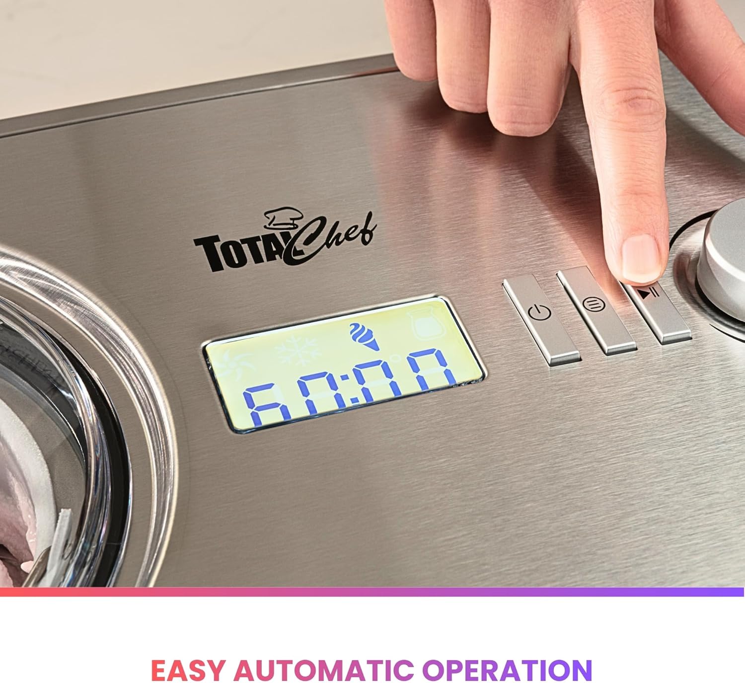 Total Chef Automatic Ice Cream Maker - Built-In Compressor 2 in 1 Frozen Yogurt, Gelato & Sorbet Maker, Nieve Treats, No Salt or Prefreezing, 1.6 Qt Stainless Steel, Helado de crema
