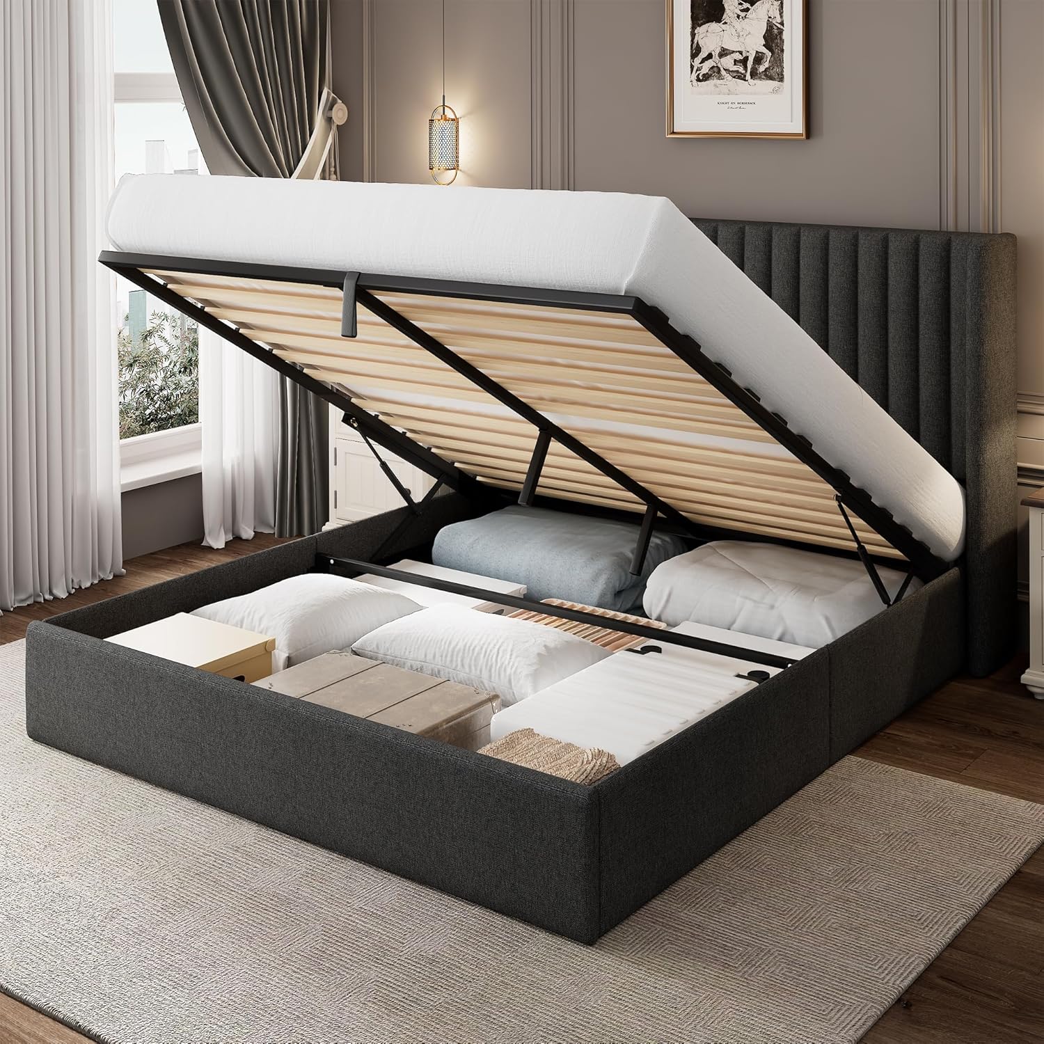 Queen Size Lift Up Storage Bed Frame with Wingback Headboard, Linen Upholstered Platform Bed with 10.8" Underneath Hydraulic Storage, Wooden Slats Support, No Box Spring Needed, Dark Gray
