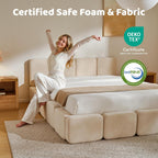 RECCI Cloud King Upholstered Platform Bed Frame, Low Profile Grounded Design with Plush Headboard & Footboard, Wood Slat Support, Noise-Free, No Box Spring Required, Beige