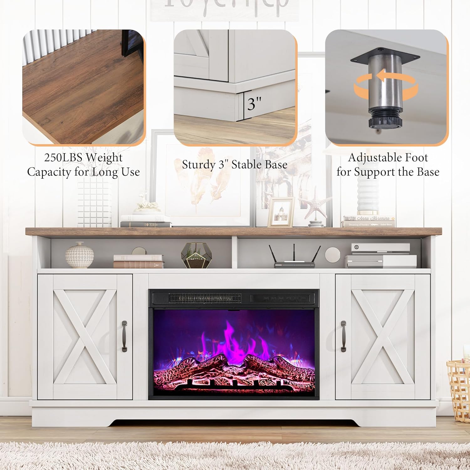 AMERLIFE 63" Farmhouse TV Stand with 26" Fireplace, for TVs up to 73", Media Entertainment Center with Adjustable Shelf & Barn Doors, Rustic TV Console Cabinet for Living Room, Rustic Oak & White