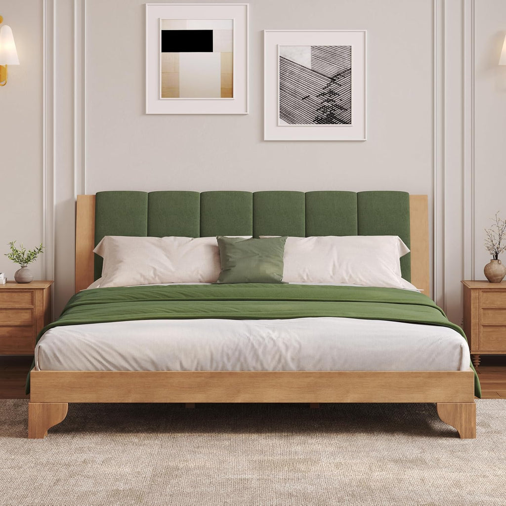 Christopher Knight Home Trisie Mid-Century Modern King Size Bed Frame and Headboard, Solid Wood King Platform Bed Frame with Upholstered Headboard, No Box Spring Needed, Easy Assembly, Natural