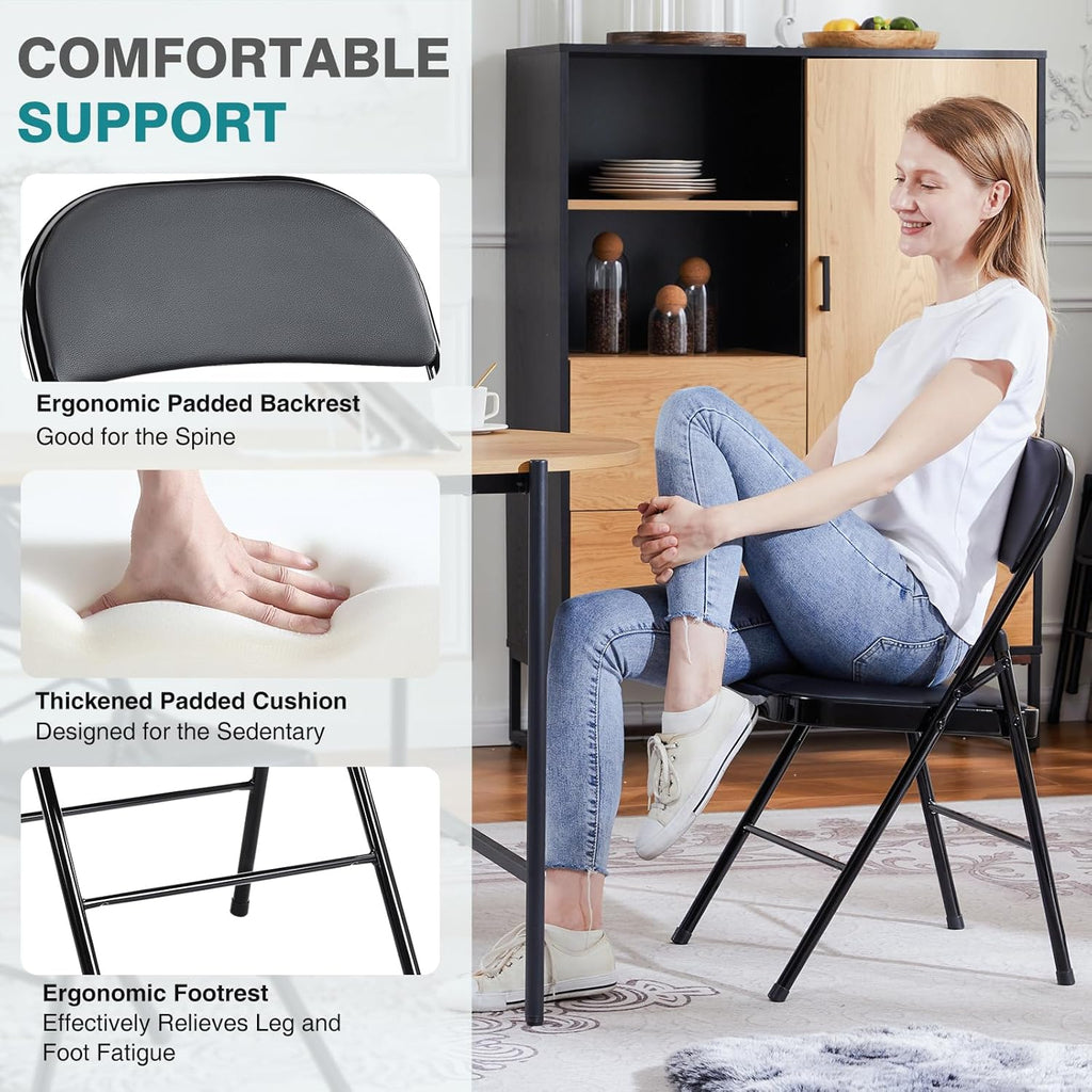 DUMOS 4 Pack PU Leather Padded Folding Chair, Indoor Outdoor Portable Stackable Seat with Steel Frame, for Home, Office, Party, Dining, Black