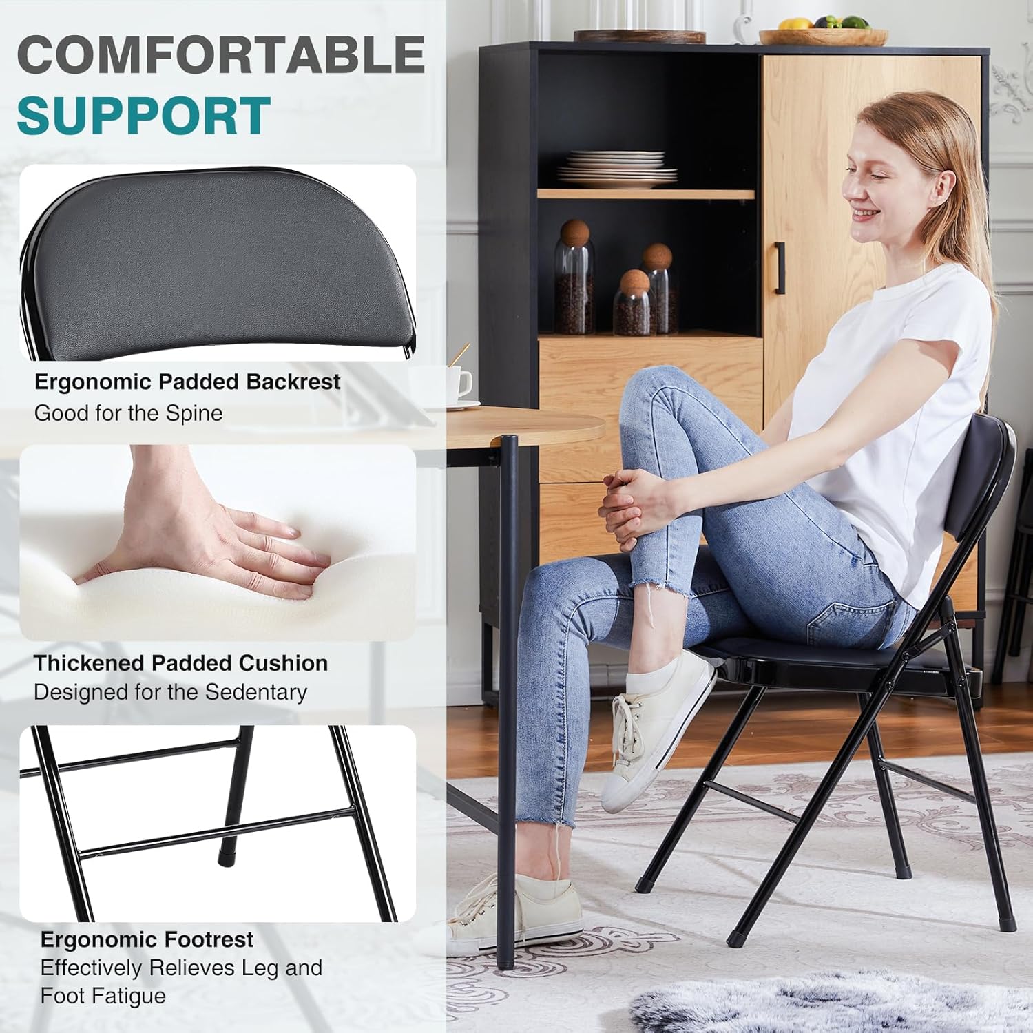 DUMOS 4 Pack PU Leather Padded Folding Chair, Indoor Outdoor Portable Stackable Seat with Steel Frame, for Home, Office, Party, Dining, Black