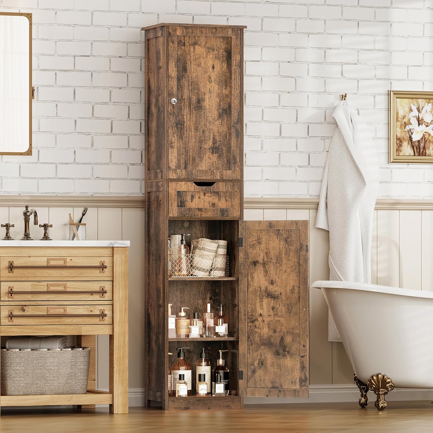 Iwell 67" Tall Storage Cabinet, Bathroom Cabinet with Drawer & Adjustable Shelves, Narrow Storage Cabinet, Floor Cabinet for Living Room, Home Office, Rustic Brown