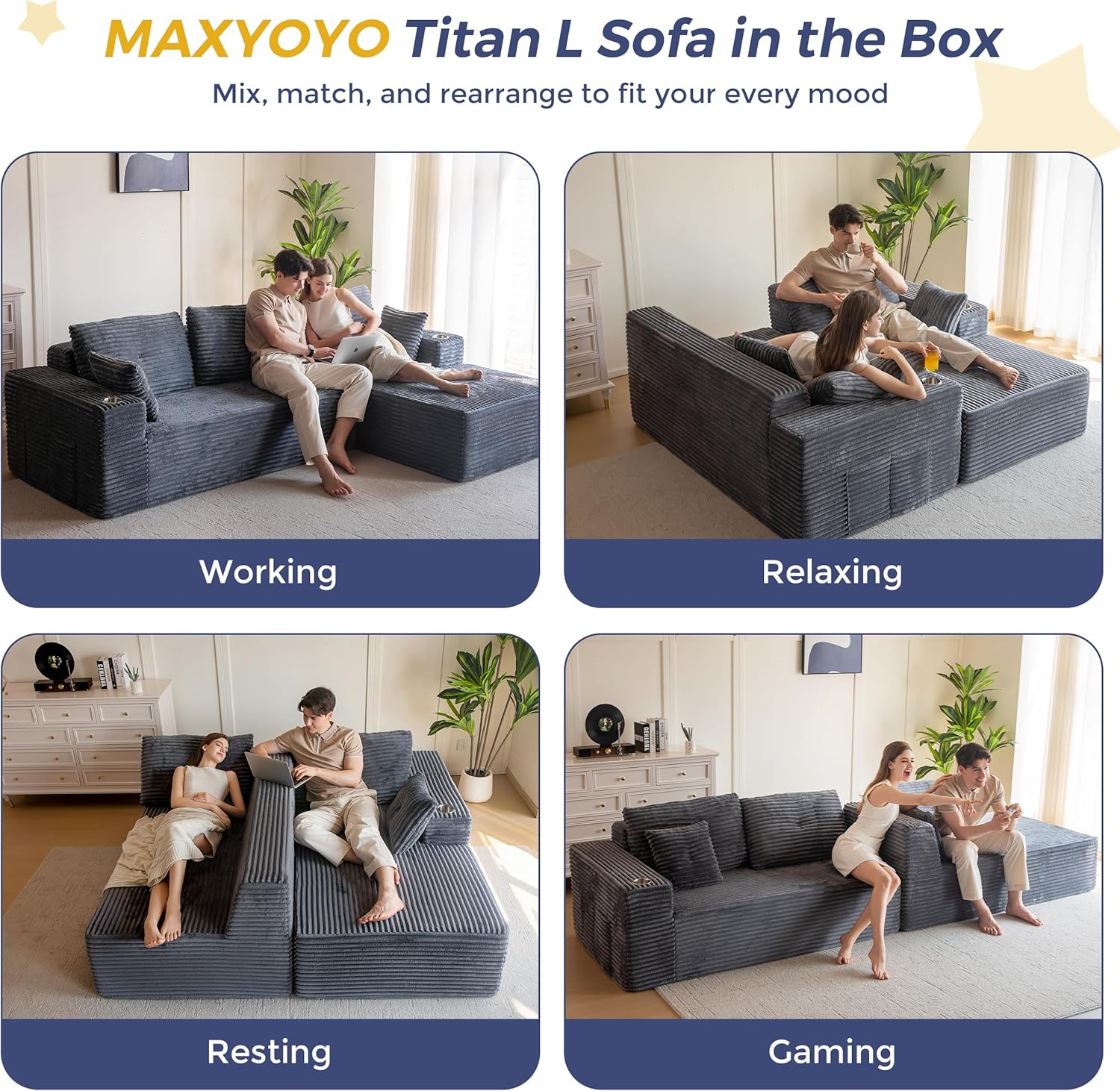 MAXYOYO 104" Modular Sectional Couch with L-Shape Chaise, Modern Boneless Couch for Living Room, Sofa in A Box, Oversized Sofa Sleeper with Deep Seat, No Assembly Required, Dark Grey
