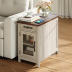 LINSY HOME Farmhouse End Table with Charging Station, Narrow Side Table for Living Room, Sofa Side Table with Drawer and Storage Cabinet, Small Nightstand for Home Office