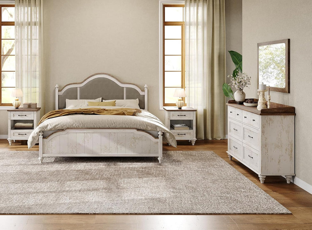 WAMPAT Farmhouse End Table Nightstand with Charging Station, Small Side Table with 2 Drawers & Shelf for Living Room, Light Wood Night Stand Bedside Table for Bedroom, Antique White