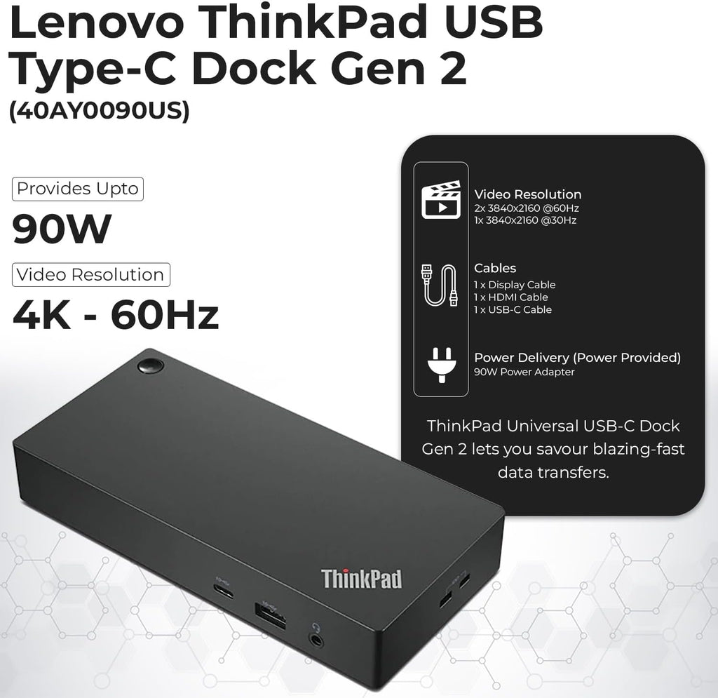 40AY0090US Lenovo Thinkpad Docking Station Dual Monitor - Supports 4K Display  Thinkpad Dock with 90W Adapter  HDMI  DisplayPort  USB C Cables & Cloth - Lenovo Docking Station