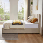 VELOCAVA Queen Size Upholstered Storage Bed Frame with 4 Drawers, Modern Linen Platform Bed with Vertical Channel Headboard, Sturdy Wood Slats, Under Bed Storage, No Box Spring Needed, Beige