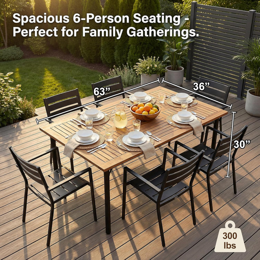 Flamaker Acacia Wood Patio Outdoor Dining Table for 6, Outdoor Table with Umbrella Hole and Metal Legs for Garden, 63’’L x 36’’ W x 30’’ H