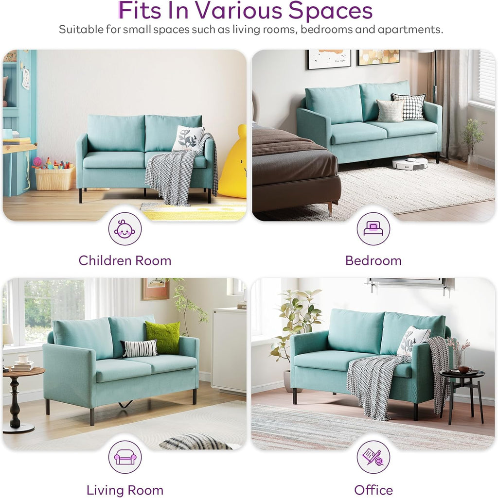 TYBOATLE 51" W Linen Fabric Upholstered Modern Loveseat Sofa Couch for Living Room, Love Seats 2-Seater Furniture w/Iron Legs for Compact Space, Apartment, Bedroom, Dorm, Office, Aqua Blue