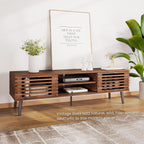 HAIOOU Mid Century Modern TV Stand, 52" Wooden TV Console with Slatted Sliding Doors and Storage for 50/55/60 Inch TV, Small Entertainment Center Media Console Cabinet for Living Room - Walnut Brown