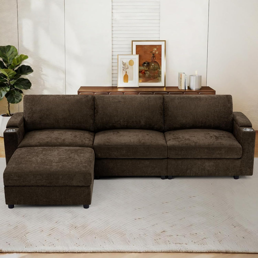 108'' Chenille Sectional Couch with Storage Armrests,L Shaped Upholstered Sofa with Movable Ottoman, 4-Seat Modular Couch with Cup Holders for Living Room, Brown