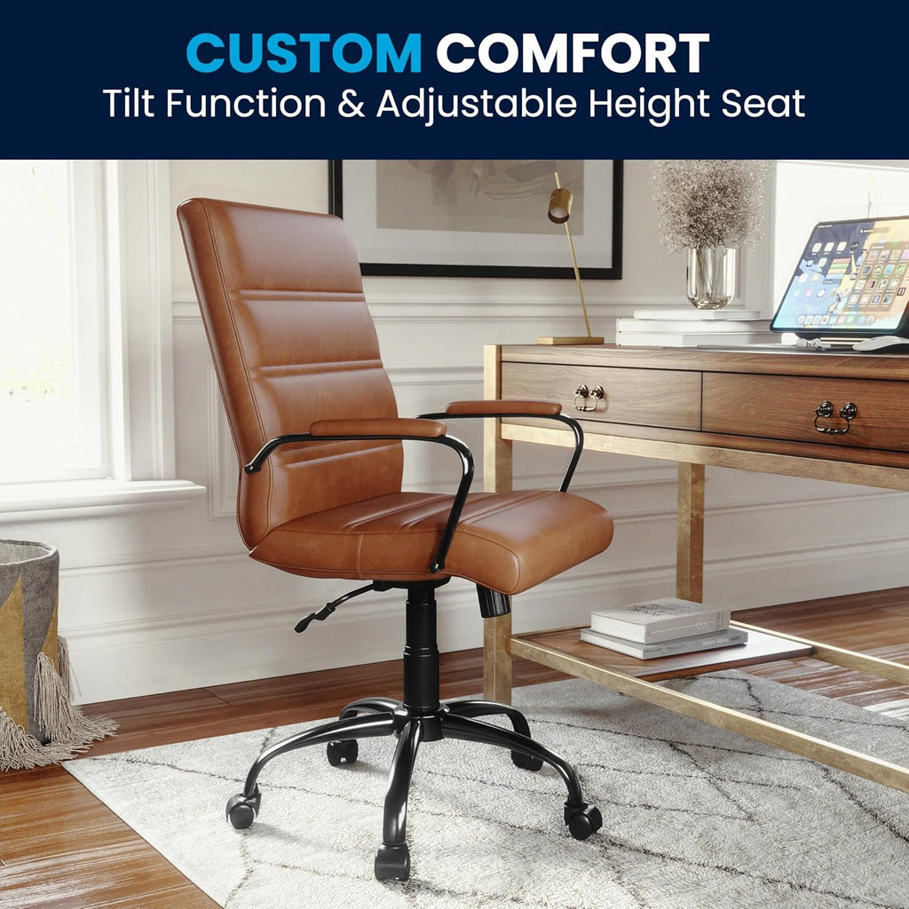 Flash Furniture Whitney Mid-Back Desk Chair - Brown LeatherSoft Executive Swivel Office Chair with Black Frame - Swivel Arm Chair