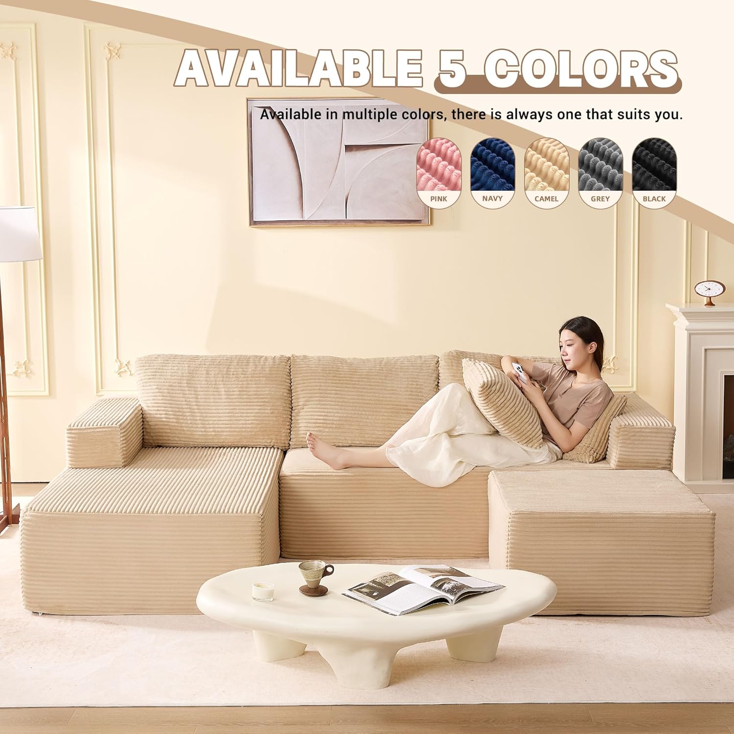 107" Boneless Couch with Deep Seat, Set of Modular Sectional Sofa, Cloud Sectional Couch for Living Room, No Assembly Required, Corduroy, U-Shape 3 Seater Left, Camel