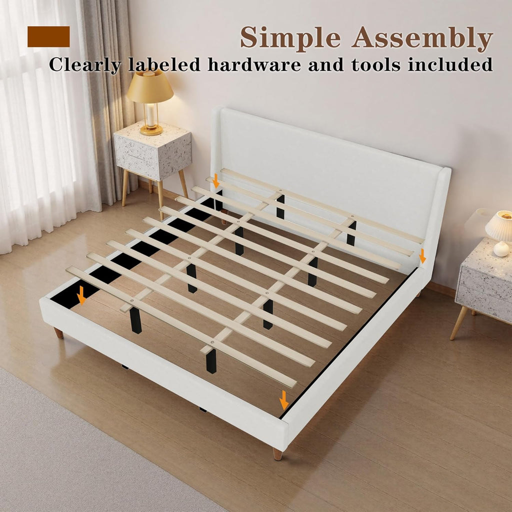 Upholstered Bed Frame King Size, 43" Tall Headboard Wingback Upholstered Platform Beds Bedframe for Kids Teens Adults Bedroom Strong Wood Slats Support No Box Spring Needed, Ivory Boucle