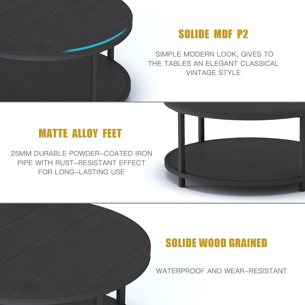 NSdirect Round Coffee Table, 36" Rustic Wooden Surface Top & Sturdy Metal Legs Industrial Sofa Table for Living Room Modern Design Home Furniture with Storage Open Shelf (Black Oak)