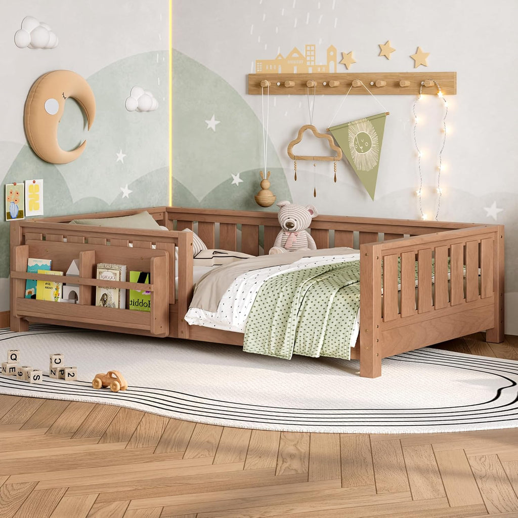 Bellemave Natural Montessori Floor Bed with Fence and Slats, Twin Size Montessori Floor Bed with Bookcase and High Rails, Easy Assemble Bed Frame for Girls, Boys, Twin