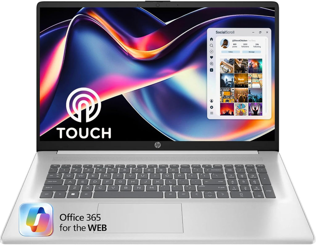 HP 17.3“ Touch | Touchscreen Laptop with Office 365 for The Web  AMD Ryzen 5 7430U (6 Cores  12 Threads  Upto 4.3GHz  Beats Core i7-1355U)  16GB RAM  512GB SSD Storage  10 Key Number Pad  No Mouse