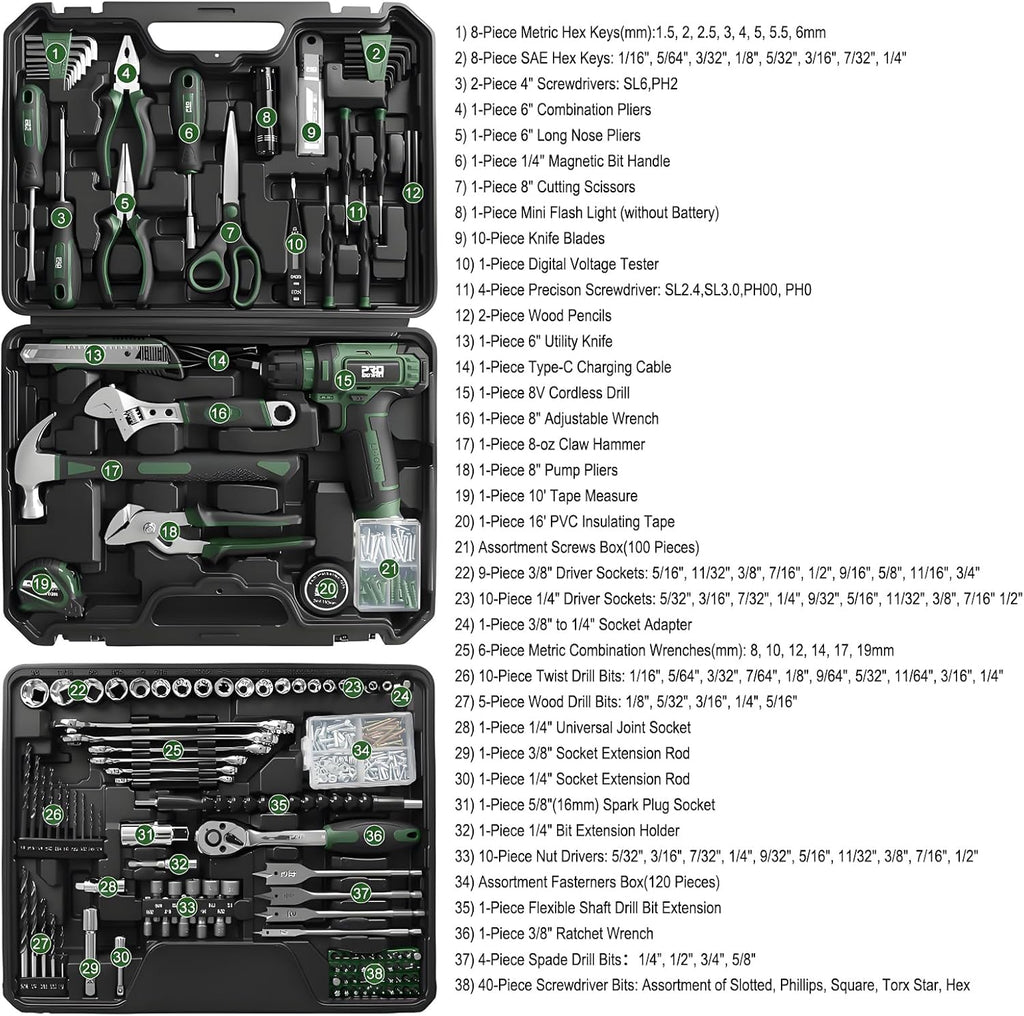 Prostormer Tool Set with 8V Cordless Drill, 369-Piece Home Tool Kit with Drill Driver, Toolbox Storage Case with Drawer, General Household Tools for Home Repairs and DIY, Handyman (Green)