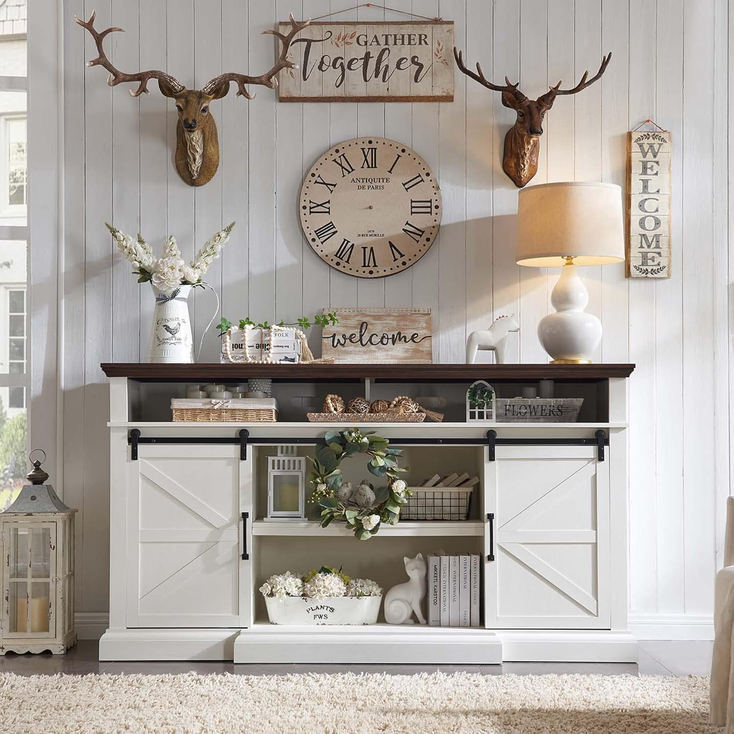 Farmhouse TV Stand for 80 Inch TVs, 37.4"Tall Entertainment Center w/Storage Cabinets and Sliding Barn Door, Media Console Cabinet w/Soundbar & Adjustable Shelves for Living Room, 70 inch (White)