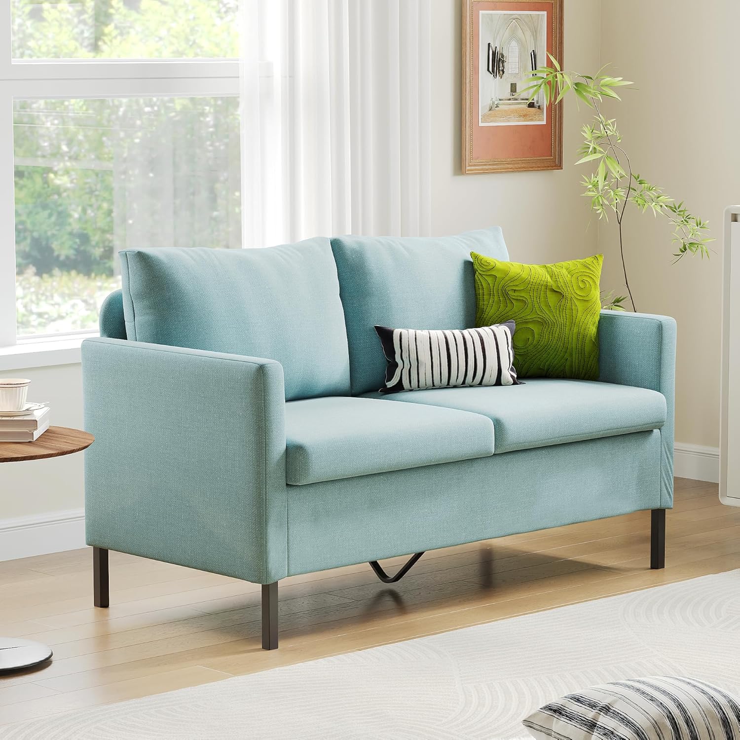TYBOATLE 51" W Linen Fabric Upholstered Modern Loveseat Sofa Couch for Living Room, Love Seats 2-Seater Furniture w/Iron Legs for Compact Space, Apartment, Bedroom, Dorm, Office, Aqua Blue