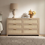 SICOTAS Rattan Dresser for Bedroom, 57" Wide 6 Drawer Dresser with Ample Storage, Dressers Large Chest of Drawers, Closet, Boho TV Stand for Bedroom (Reclaimed Light Oak, 1 Piece)