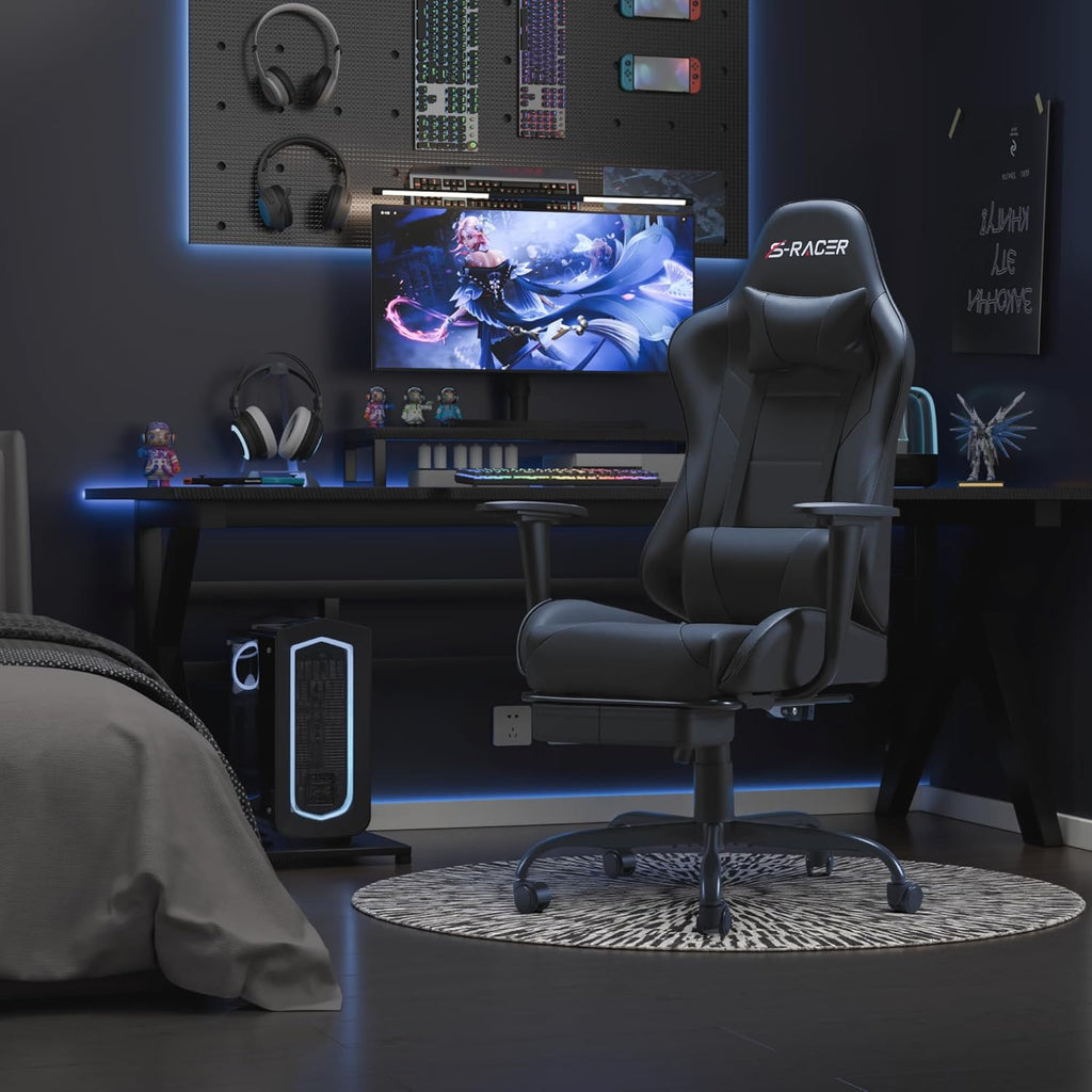 Homall Gaming Chairs, Computer Chair with Footrest and Massage Lumbar Support, Height Adjustable Game Chair with Headrest and Swivel Seat (Black)