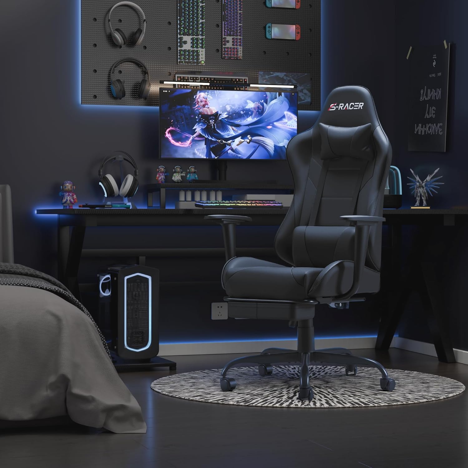 Homall Gaming Chairs, Computer Chair with Footrest and Massage Lumbar Support, Height Adjustable Game Chair with Headrest and Swivel Seat (Black)