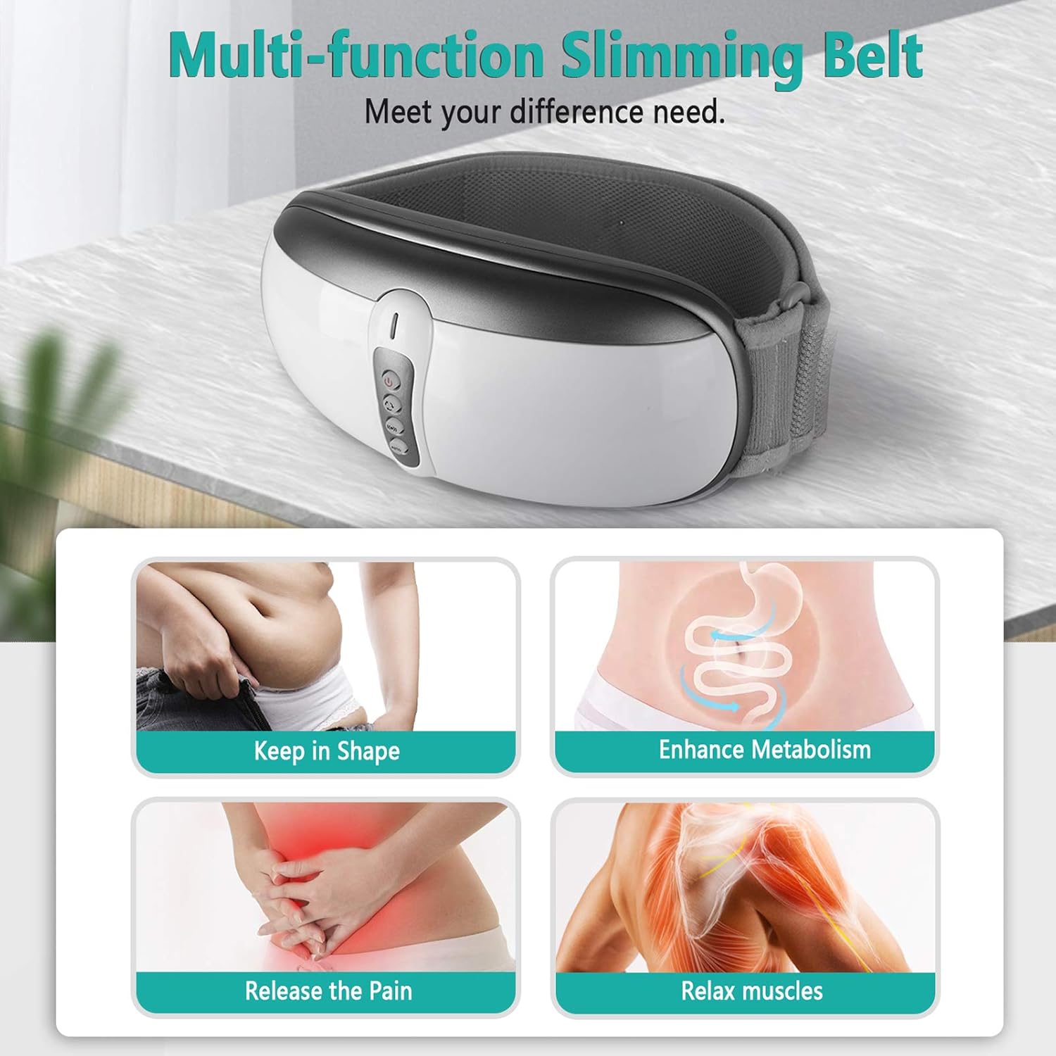 Wireless Slimming Belt, Abdominal Massager Portable Weight Loss Machine with 4 Vibration Massage Modes, Heating, Improve Blood Flow