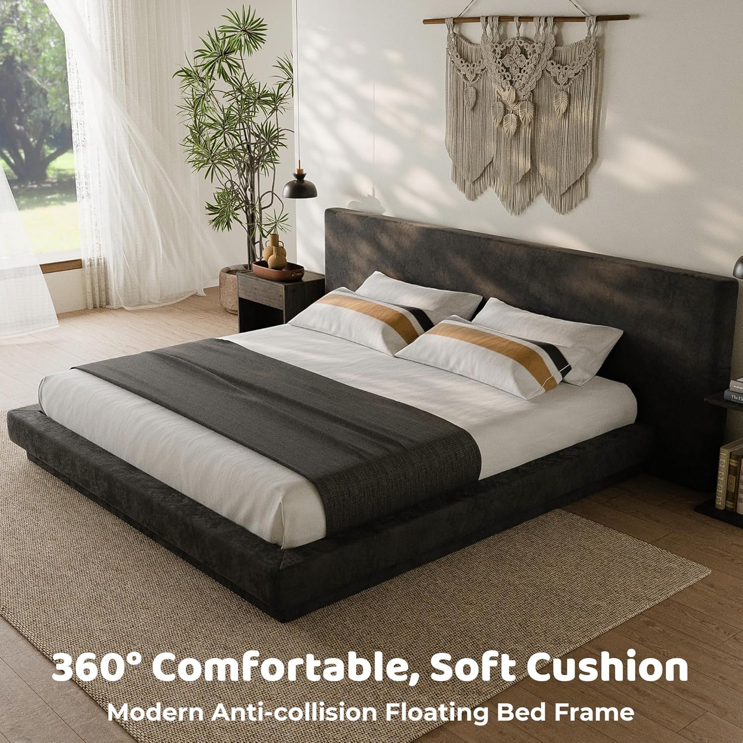 RECCI Cloud King Bed Frame with Extra Wide Headboard, 5 Inch Foam Fully Cushioned Platform, Easy Assembly, No Box Spring Needed