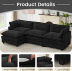 ROWHY Oversized Modular Sectional Couch with Movable Ottoman, 112" Modern Convertible L Shaped Sofa Set, 4 Seat Comfy Cloud Couch with 2 Throw Pillows, for Living Room and Office, Chenille, Black