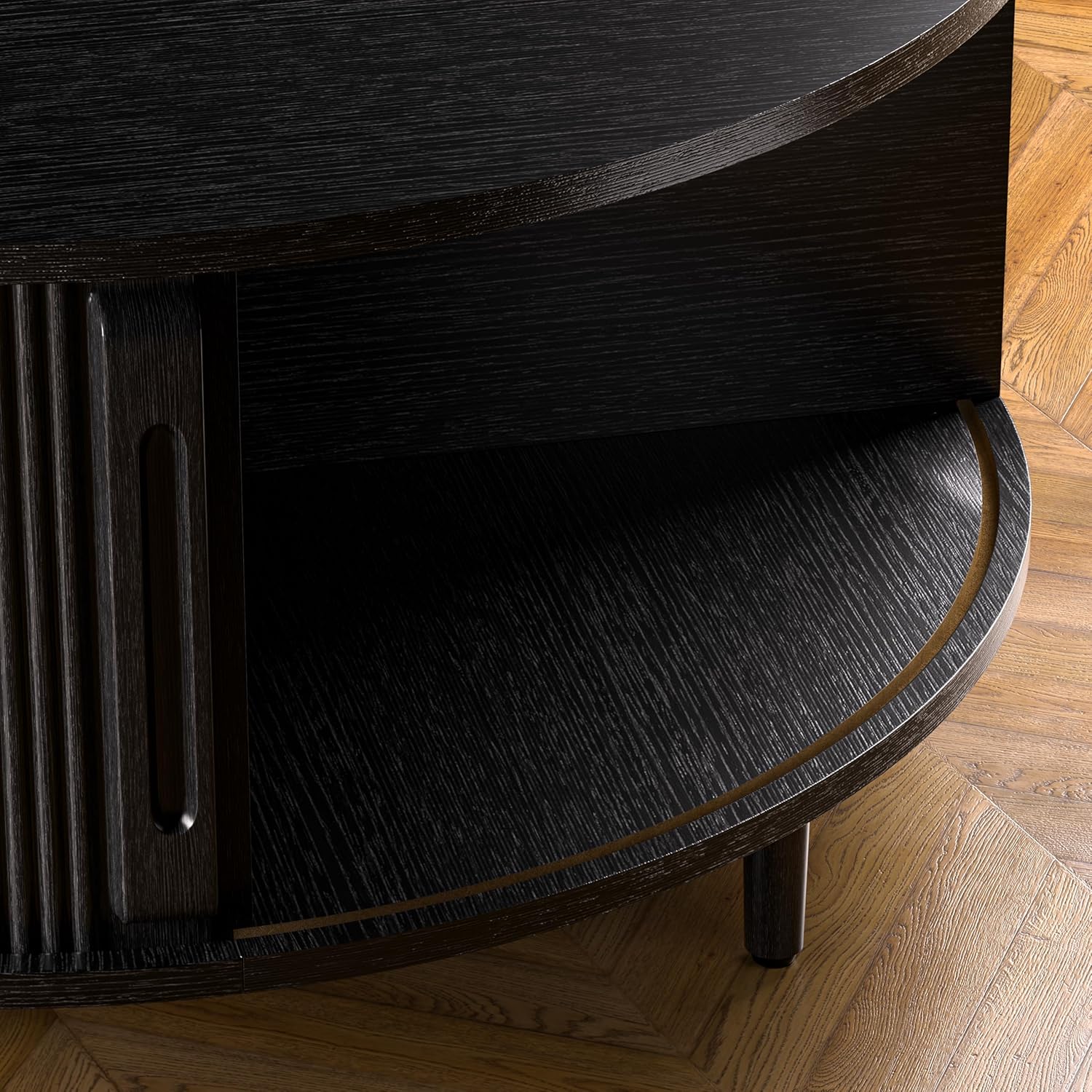 Round Coffee Table, 31.5" Fluted Center Table with Storage, Lift-Top Coffee Table with Adjustable Footpads, Sliding Door, Mid-Century Modern Center Table for Living Room, Small Space (Black)